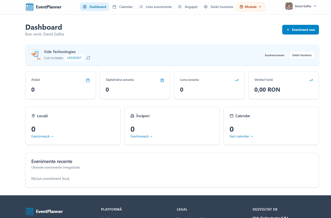 Previzualizare EventPlanner — dashboard